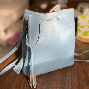 Baby blue leather bucket bag